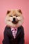 an anthropomorphic dog, smartly dressed in a black suit and pink tie, mascot dressed as an executive, businessman, Generative AI