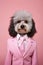 an anthropomorphic dog, smartly dressed in a pink suit and pink tie, mascot dressed as an executive, businessman, Generative AI