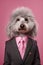 an anthropomorphic dog, smartly dressed in a suit and pink tie, mascot dressed as an executive, businessman, Generative AI