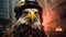 An anthropomorphic eagle in a firefighter helmet against an urban fire, ready for action