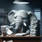 An anthropomorphic elephant in a business suit working at an office desk