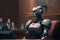 Anthropomorphic female robot in human court, neural network generated art, AI law concept