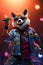 Anthropomorphic fox celebrity sings on stage with a microphone in her hand. Cool fox character in sunglasses and