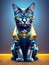 anthropomorphic futuristic cat, robotic animal in a yellow and blue suit, science fiction character,