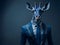 The anthropomorphic giraffe in a blue classical suit with a blue tie. Ai Generated