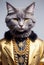 Anthropomorphic gray cat in golden jacket and jewelry. Successful and rich cat portrait. Luxury concept. AI generated