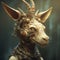 Anthropomorphic Humanoid goat on a dark background. Close-up profile portrait of a mysterious human like animal. Fantasy alien