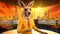 An anthropomorphic kangaroo news anchor against a sunset and cityscape background is conducting a live broadcast