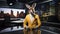 An anthropomorphic kangaroo news anchor in a yellow suit at a desk in a TV studio with a view of the night city