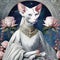 Anthropomorphic lady cat of the Sphinx breed dressed in a luxurious dress among roses