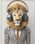 Anthropomorphic Lion With Bauhaus Headphone And Zebra