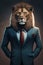 Anthropomorphic lion head portrait in elegant business suit. Generative Ai