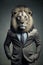 Anthropomorphic lion head portrait in elegant business suit. Generative Ai