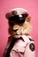 An anthropomorphic lion wearing a police uniform and hyperrealistic sunglasses against a pink background.The king of the jungle