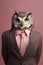 an anthropomorphic owl wearing a brown suit, pink shirt and pink tie hyperrealistic on a pink background, piercing gaze, reflects