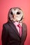 an anthropomorphic owl wearing a brown suit, pink shirt and pink tie hyperrealistic on a pink background, piercing gaze, reflects