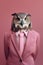 an anthropomorphic owl wearing a pink suit, shirt and tie hyperrealistic on a pink background, piercing gaze, reflects sharp