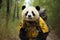 anthropomorphic panda dressed in a yellow form like a tourist. Travel Concept. AI generated, human enhanced