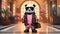 An anthropomorphic panda in pink pants and a floral jacket stands in a luxurious hall