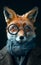 An anthropomorphic red fox with a eyeglasses has an astute and inquiring look