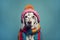 Anthropomorphic setter dog wearing a knitted cap