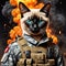 Anthropomorphic Siamese cat, kitty cartoon solider, background is fire, smoke and explosion, animal portrait, Wall Art Design for