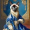 Anthropomorphic Siamese lady cat in a luxurious dress on the background of a luxurious wall panel