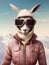 Anthropomorphic, very elegant antelope in a soft pink coat, sunglasses and fleece hoodie - Generative AI