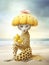 Anthropomorphic, very feminine elegant leopard on the beach with lemons and a lemon hat - Generative AI