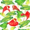 Anthurium tailflower, flamingo flower, laceleaf red flowers and bright green leaves, hand painted watercolor illustration
