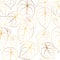 Anthurium tailflower leaves seamless pattern. Bright shiny golden gradient shapes outline on clean white background.