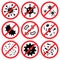 Anti bacterial icons. Stop of virus, germs and microbe, prohibition badges. Antibacterial and antiviral defense, protection from