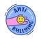 Anti Bullying Banner or Icon. Human Hand Holding Yellow Smile Face inside of Blue Circle Isolated on White Background