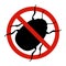 Anti colorado beetle, pest control. Stop insects sign. Silhouette of colorado potato beetle in red forbidding circle, vector