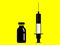 Anti coronavirus vaccine with syringe icon vector . Yellow injection vaccination with glass vial of drug immunization.