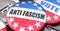 Anti fascism and elections in the USA, pictured as pin-back buttons with American flag, to symbolize that Anti fascism can be an