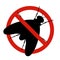 Anti fly, pest control. Stop insects sign. Silhouette of fly in forbidding circle, vector illsutration