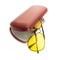Anti-glare yellow glasses of driver and plastic case on white background