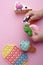 Anti stress sensory squishy toys in a children`s hands.