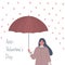 Anti-Valentine`s Day illustration. Young woman with a displeased face stands under an umbrella