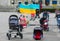 Anti war protest with empty strollers, baby carriages and toys representing children killed during Russia war in Ukraine