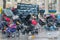 Anti war protest with empty strollers, baby carriages and toys representing children killed during Russia war in Ukraine