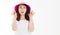 Anti wrinkle aging summer face skin protection. Middle age woman in beach hat and makeup in white template t shirt isolated.
