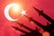 Antiaircraft rockets silhouettes on background of Turkey flag.