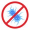 Antibacterial defence icon. Stop bacteria and viruses prohibition sign. Antiseptic. Blue bacteria in the red crossed-out circle.