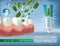 Antibacterial toothpaste ads. Vector 3d Illustration with toothpaste and mind leaves.