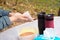 Antibacterial treatment of hands before eating in nature. the man wipes his hands with a damp cloth from viruses and bacteria.