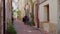 ANTIBE, FRANCE - MAY 10, 2019: French postman on a bicycle on a street in old town Antibes delivering mail. Distant plan