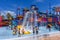 Antibes, France 26.07.2020 Water park, slides near the pool, summer holidays. Children having fun on water slide