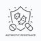 Antibiotic resistance flat line icon. Vector outline illustration of strong microbe and shield. Black thin linear